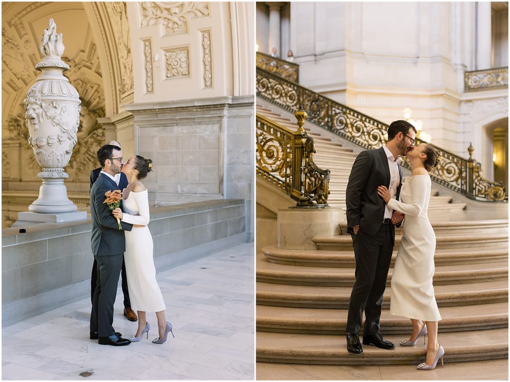 portrait of bride and groom posing by stairs in city hall by film photographer AGS Photo Art