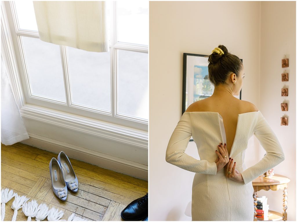 portrait of bride getting ready in wedding gown by film photographer AGS Photo Art
