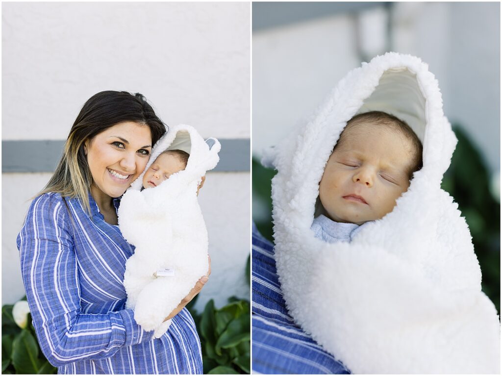 portrait of mother holding baby wearing white fuzzy outfit by film photographer AGS Photo Art