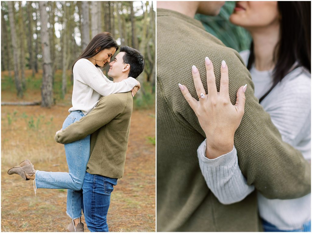 portrait of woman being embraced by man during engagement photoshoot in forest by film photographer AGS Photo Art
