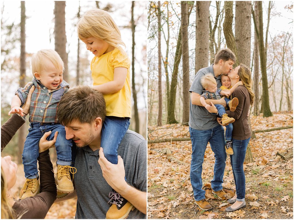 portrait of family and children posing with leaves in forest by film photographer AGS Photo Art