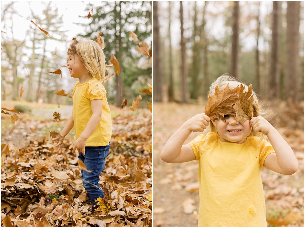 portrait of girl playing in the leaves by film photographer AGS Photo Art