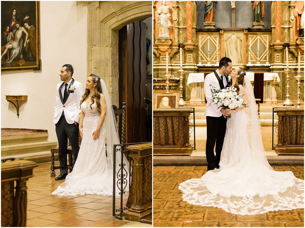 portrait of bride and groom in church venue during ceremony by film photographer AGS Photo Art