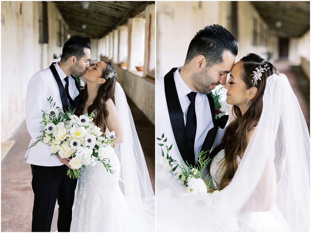portrait of married couple sharing kiss outside venue by film photographer AGS Photo Art