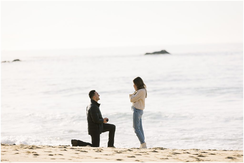portrait of man kneeling on beach holding ring box during surprise proposal by film photographer AGS Photo Art
