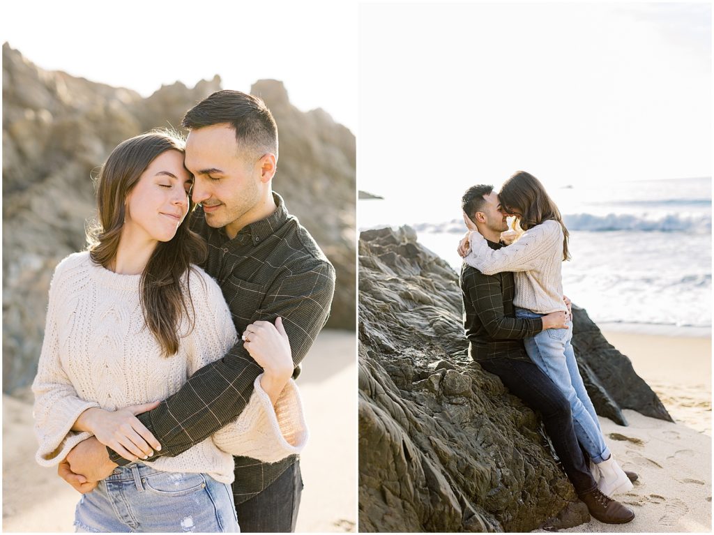 portrait of couple posing by rocks on beach during surprise proposal photoshoot by film photographer AGS Photo Art