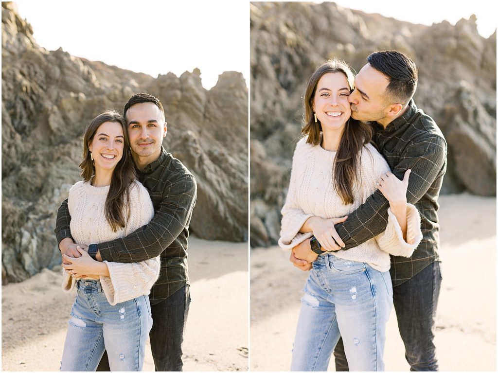 portrait of couple standing next to ocean shore on the beach during surprise proposal by film photographer AGS Photo Art