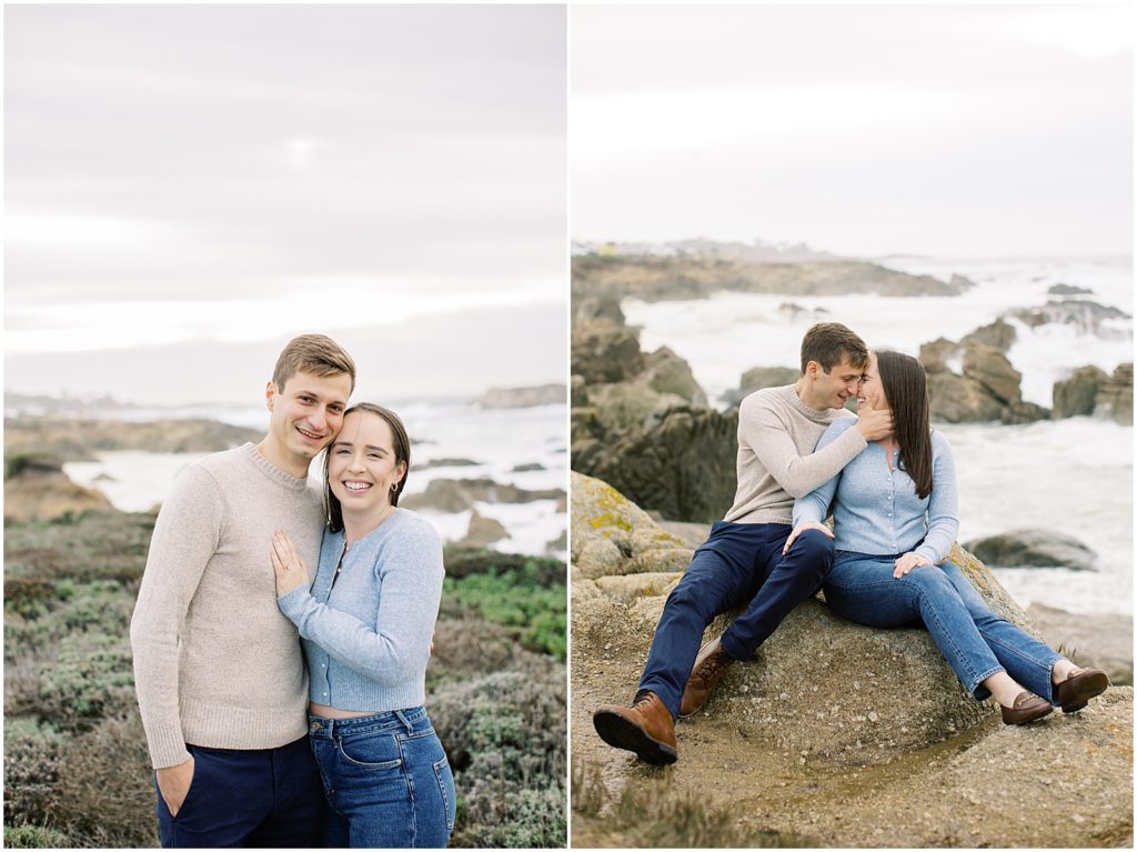portrait of couple sitting on rocks by the beach by film photographer AGS Photo Art