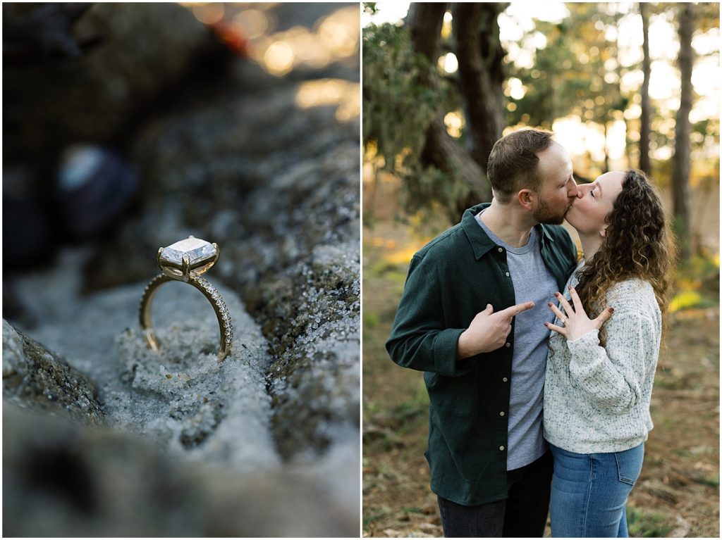 portrait of couple displaying diamond engagement ring by film photographer AGS Photo Art