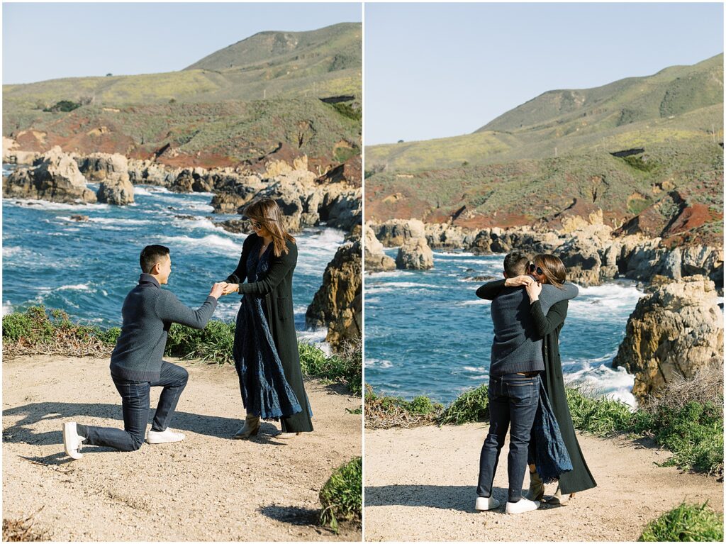 Photo of man proposing to his girlfriend in Big Sur