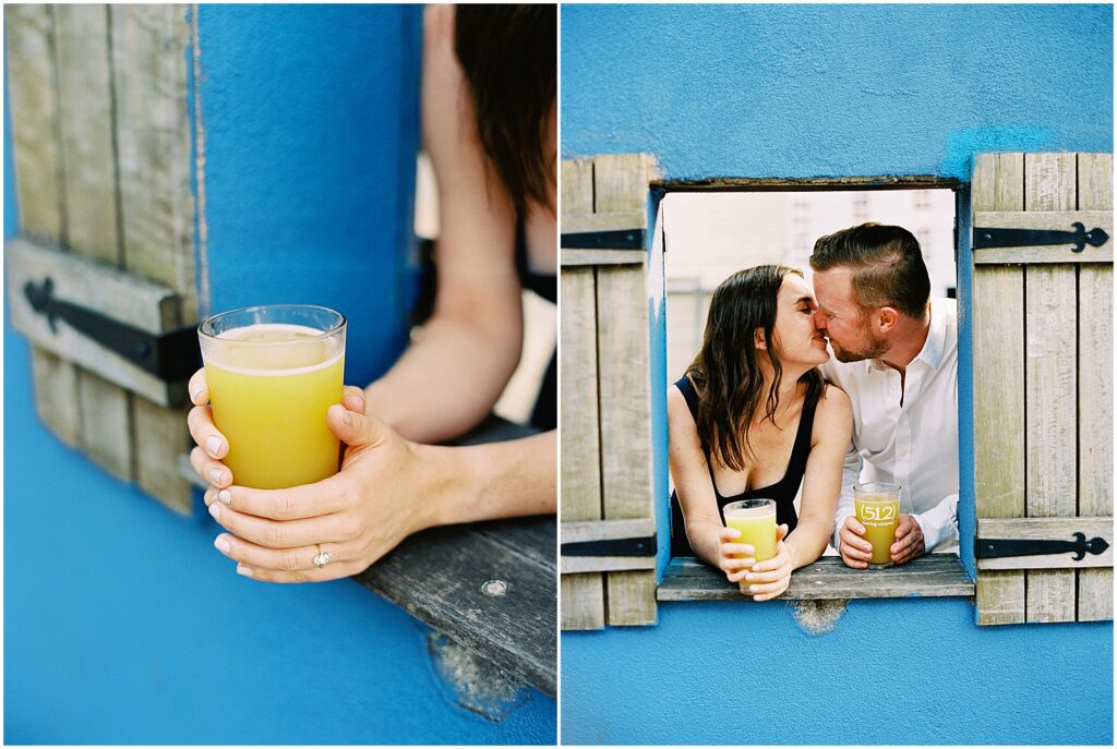 Engaged couple sharing a drink at Tiniest Bar in Texas in Austin with film photographer AGS Photo Art
