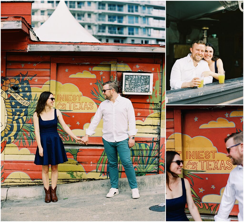 Engaged couple at Tiniest Bar in Texas in Austin with film photographer AGS Photo Art