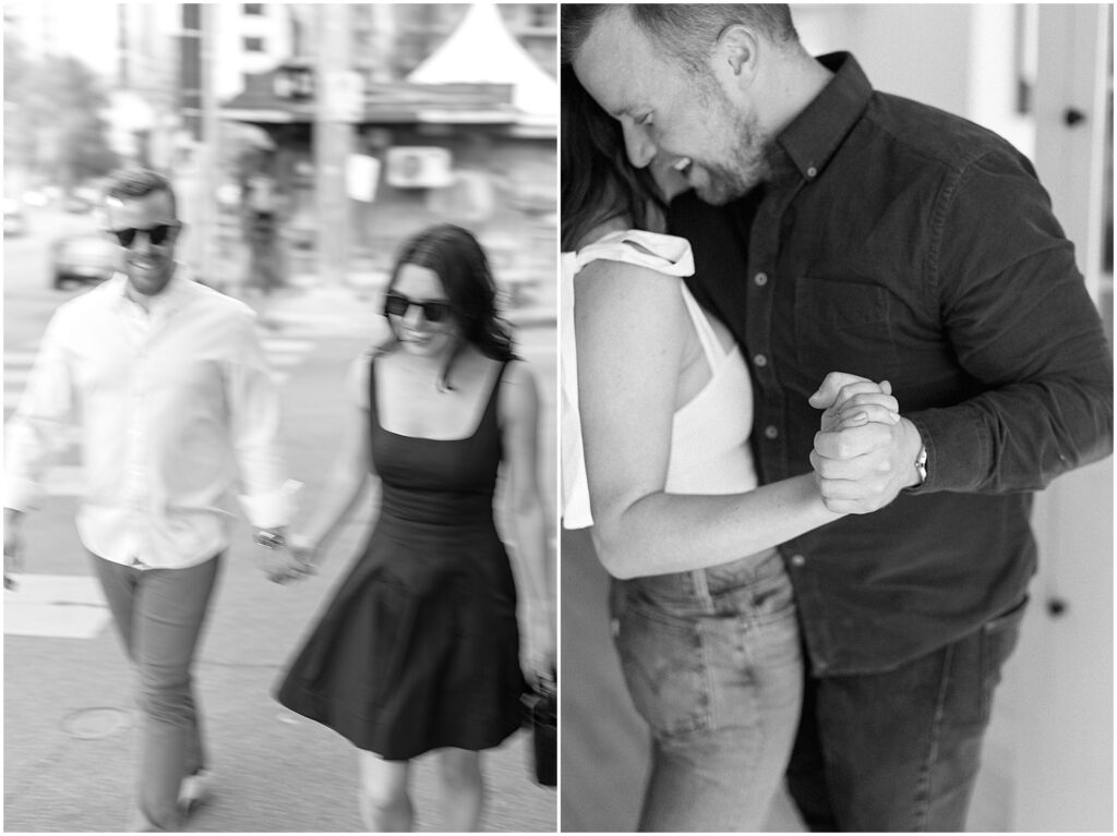 Black and White motion blur aesthetic B&W film portrait photograph of engaged couple on a date in Austin, Texas with photography by AGS Photo Art