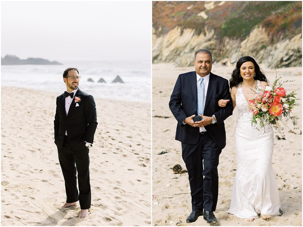 Bride walks down the aisle barefoot on the beach in Big Sur Wedding, by Carmel photographer AGS Photo Art
