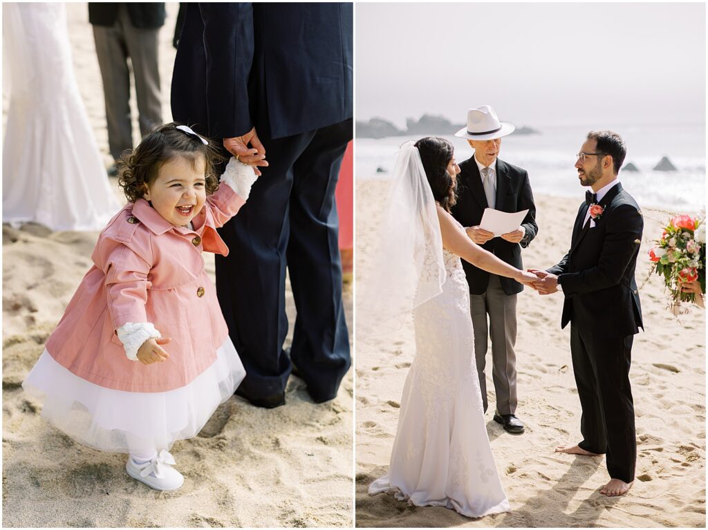 Cute flowergirl laughing during Big Sur wedding ceremony