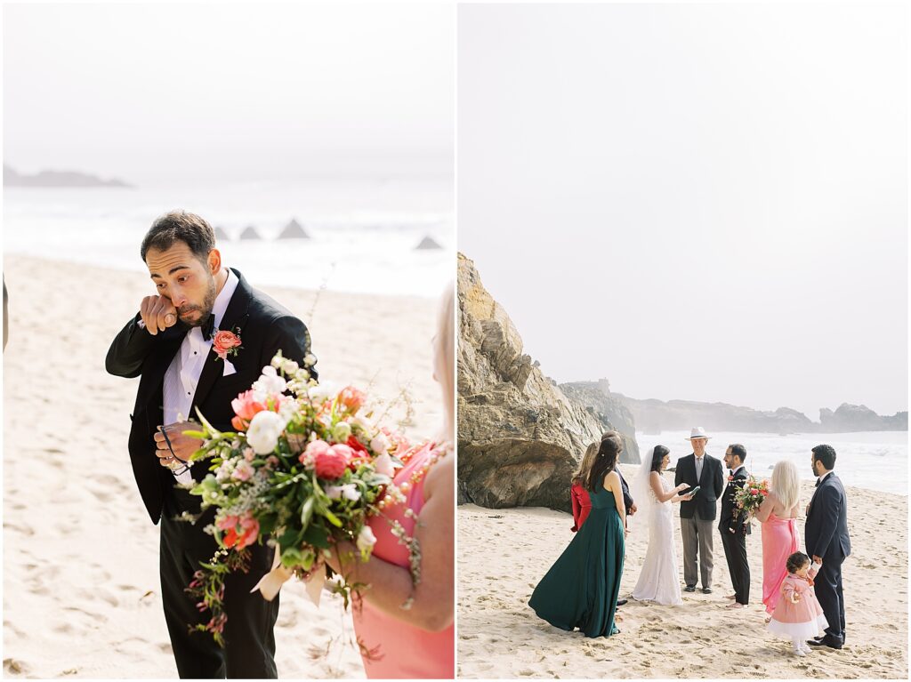 Groom wipes his tears after seeing his beautiful bride in Big Sur, California