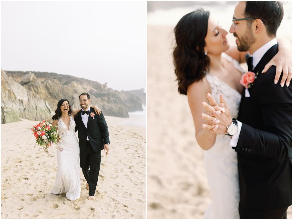 Bride and groom barefoot in the sand along the coast of Big Sur, shot on film by AGS Photo Art