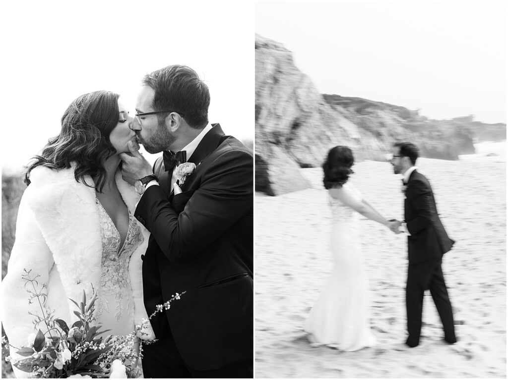 Black and white BW film photography of bride and groom kissing on the beach in Big Sur, by AGS Photo Art