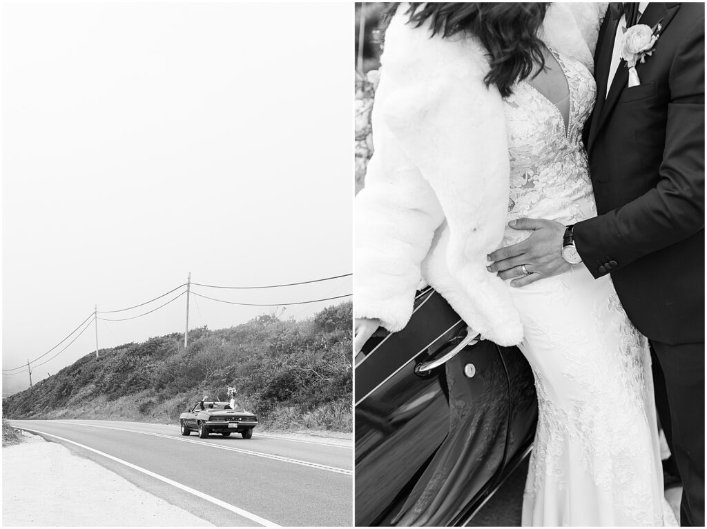 Black and white BW film photography of bride and groom in getaway car classic Thunderbird, shot by Camrel photographer AGS Photo Art