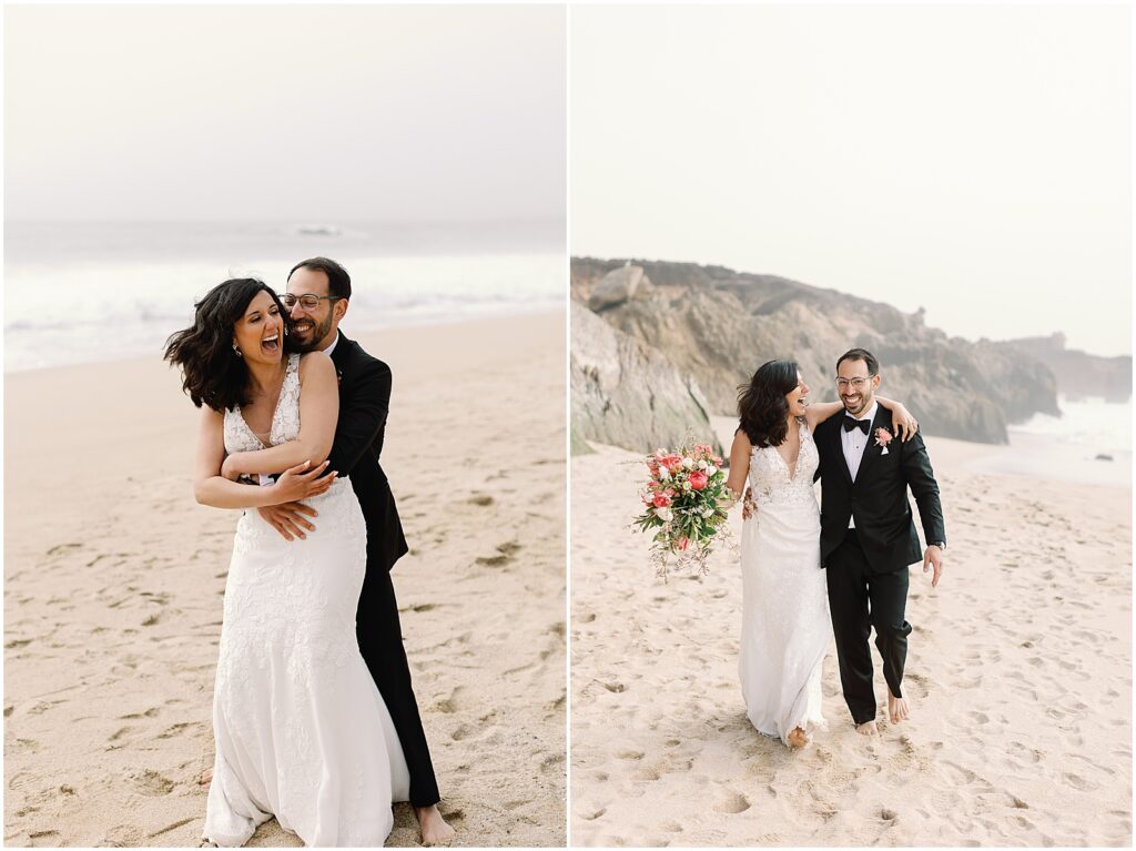 Happy newlyweds laughing on the beach in Big Sur