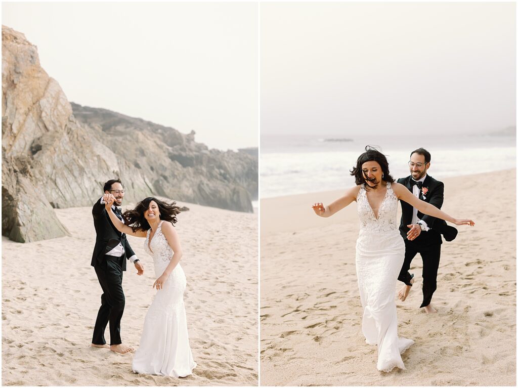 Bride and groom laughing and running playfully in the sand, photography by AGS Photo Art