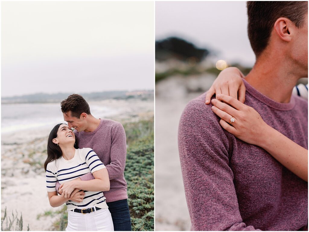 Newly engaged couple laughing on the beach in Pebble Beach, photography by AGS Photo Art