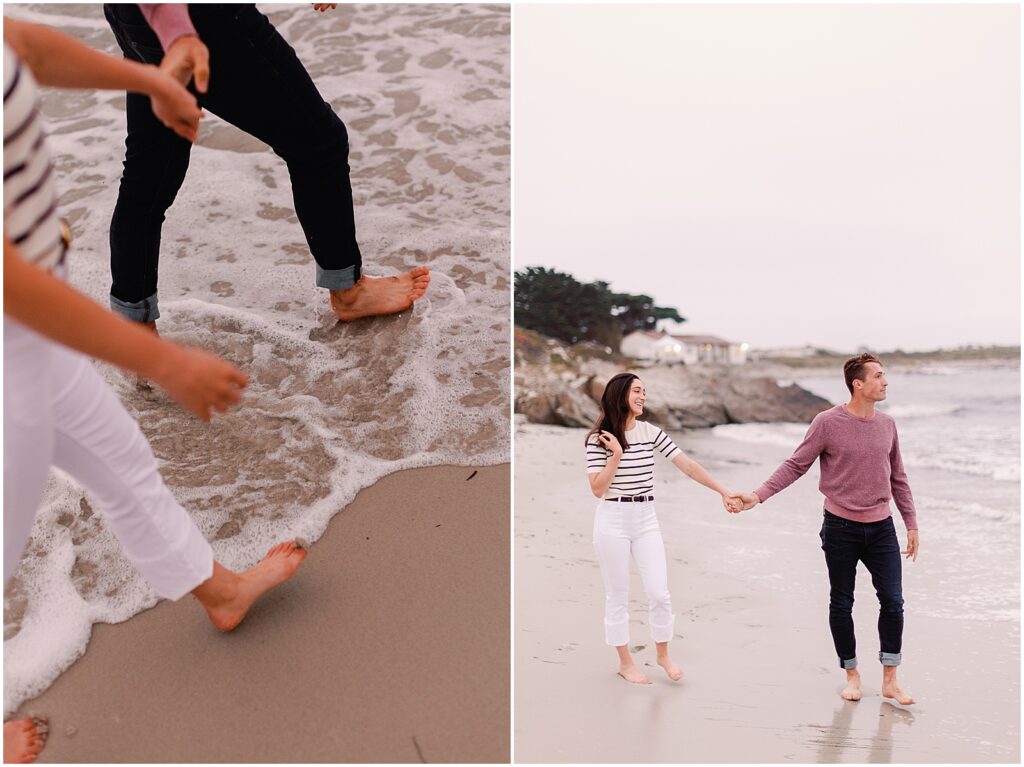 Barefoot couple adventurous photoshoot walking in the sand holding hands