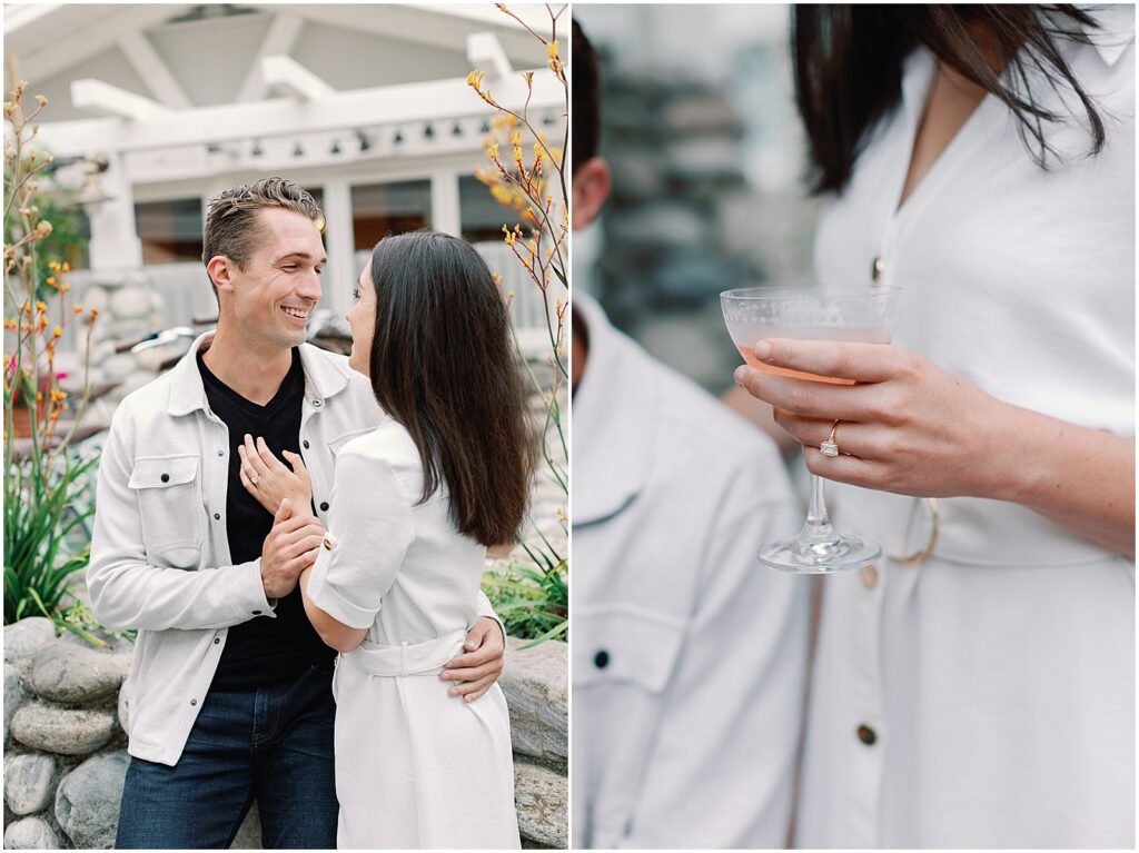 New fiance holds glass of rose wine wearing rose gold engagement ring in downtown Carmel-by-the-Sea