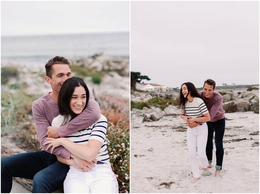 Couple smiling during photoshoot in Pebble Beach, California