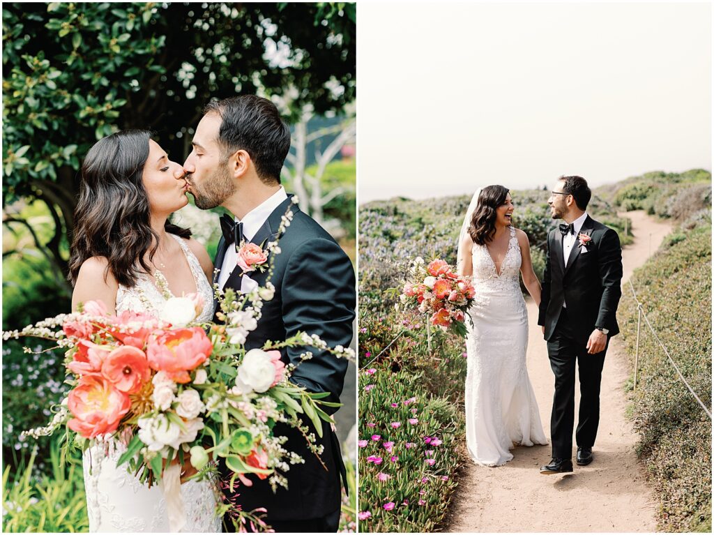 Bride and groom kissing by the beach in Carmel, California before their Big Sur Wedding