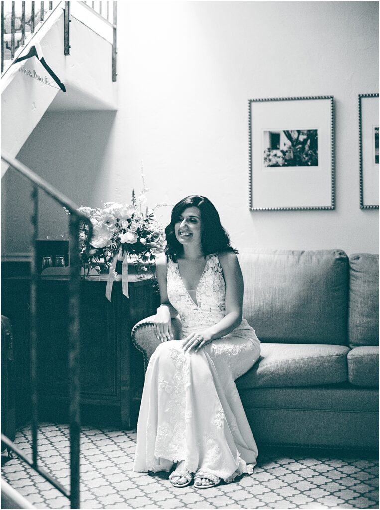 Black and white BW film photography of bride at Cypress Inn in Carmel by the Sea, photography by AGS Photo Art