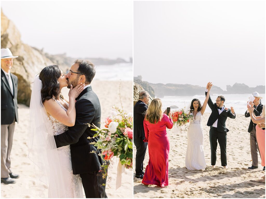 Newlyweds kiss on the beach in Big Sur, California. Photography by AGS Photo Art