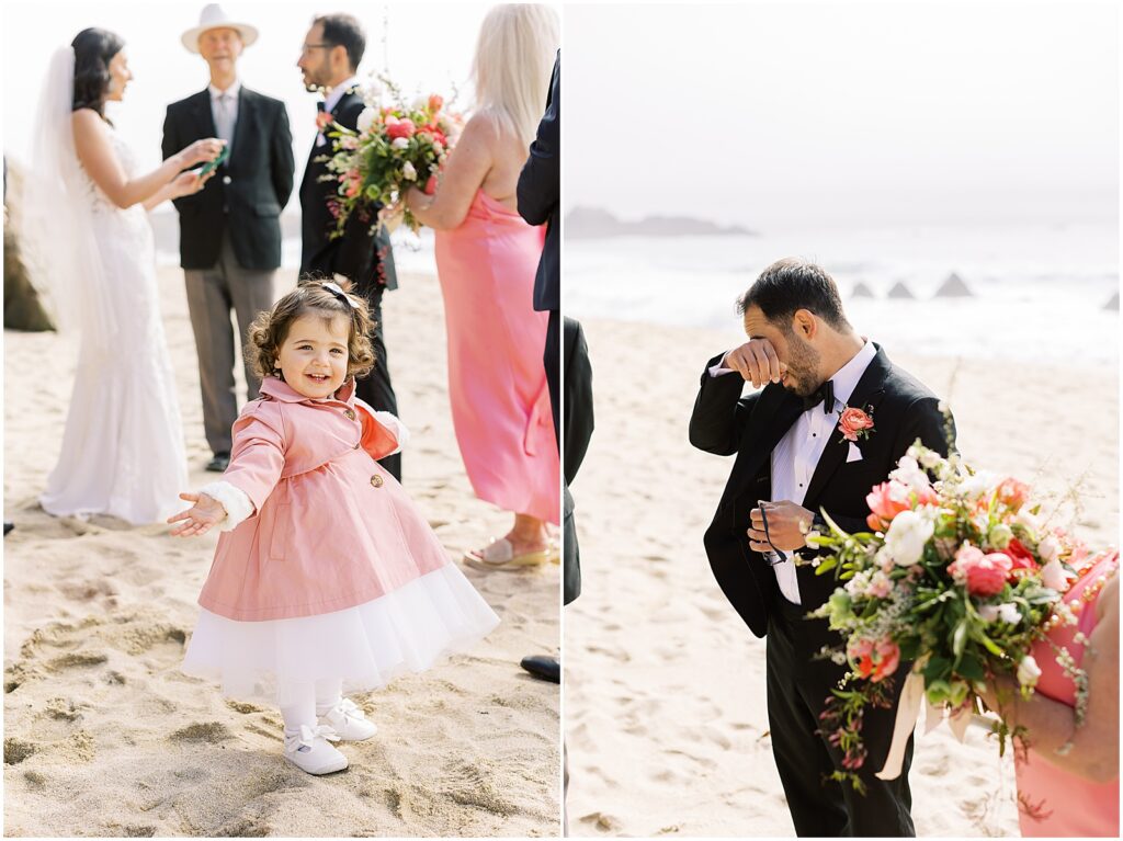 Groom crying of happiness as his bride walks down the aisle on the beach in Big Sur, California