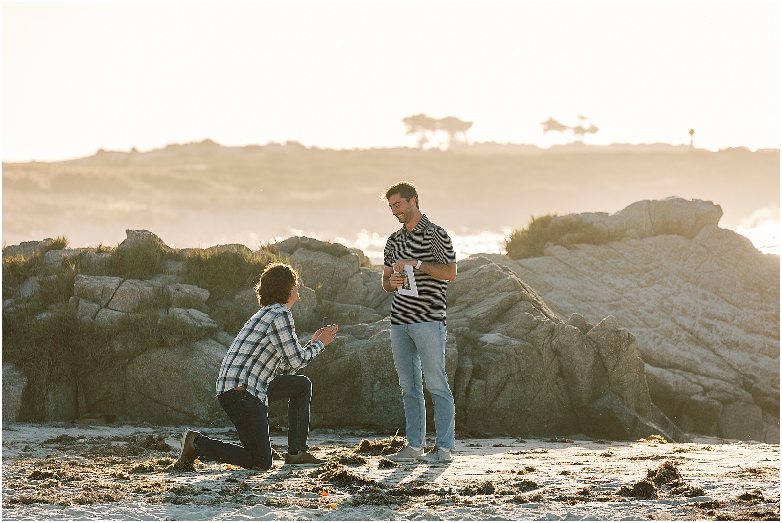 Gay proposal, LGBT surprise proposal on one knee in Pebble Beach shot by AGS Photo Art