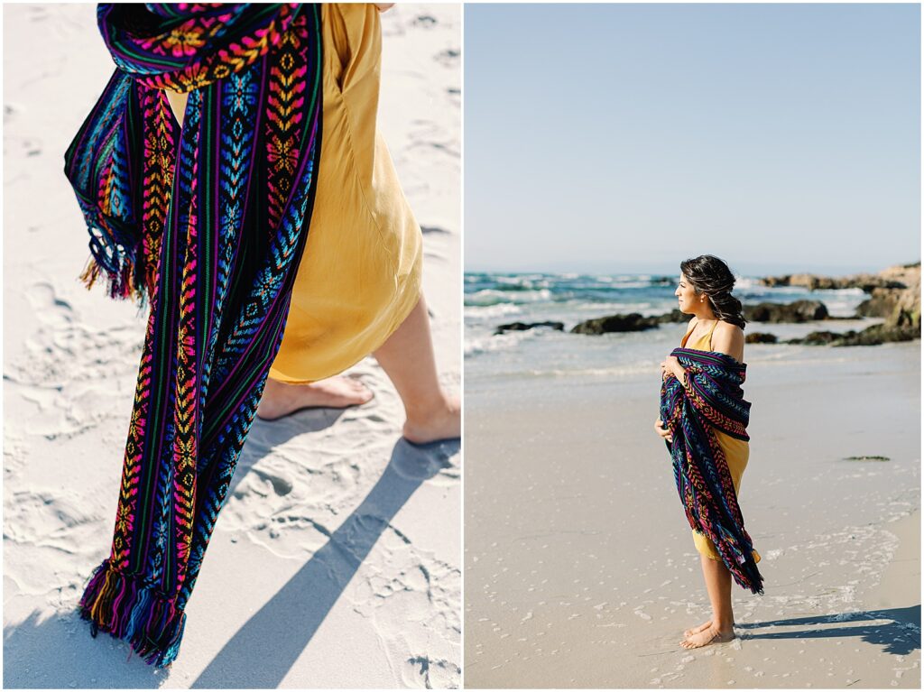 Pregnant woman wearing Mexican rebozo barefoot on the ocean shore in Pebble Beach, shot by maternity photographer AGS Photo Art