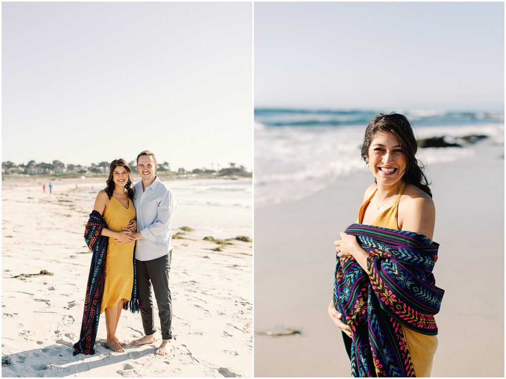 Pregnant couple wearing Mexican rebozo smiling by the ocean in Pebble Beach, by photographer AGS Photo Art