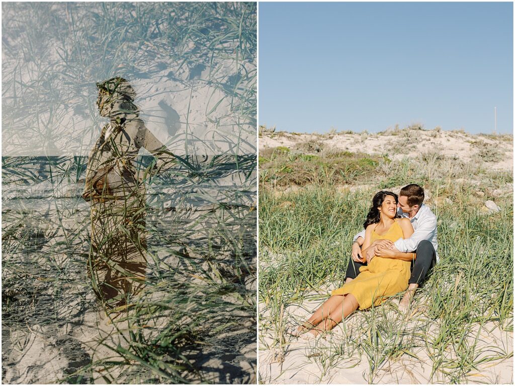 Pregnant couple smiling and embracing while sitting in the sand and grass, with double exposure photo by Pebble Beach photographer AGS Photo Art