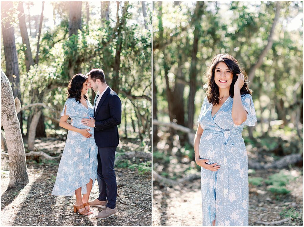 Couple in the woods and forest of Pebble Beach smiling for Pebble Beach Maternity photoshoot, by AGS Photo Art