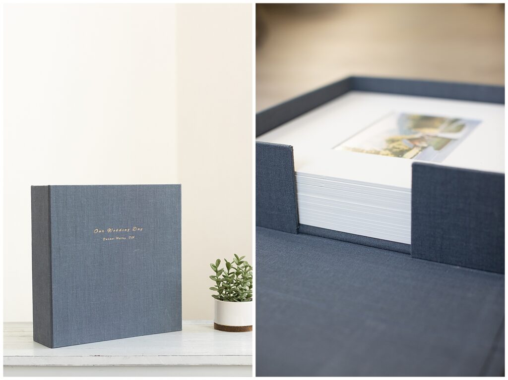 Wedding photography prints are stacked in a linen box designed by AGS Photo Art.