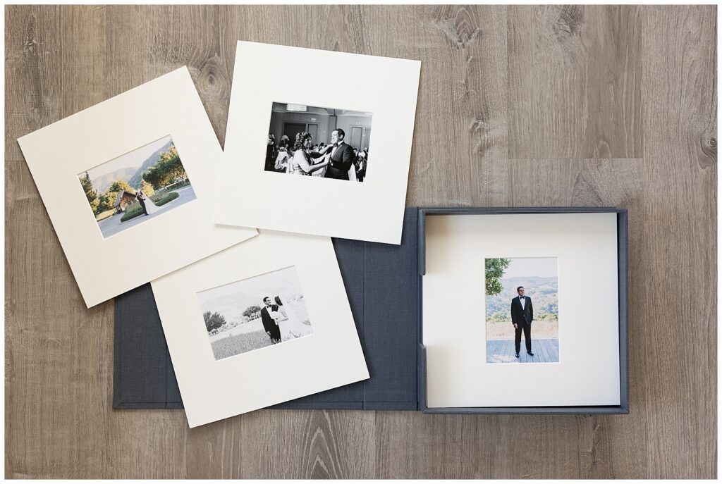 Linen box holding several wedding photography prints by AGS Photo Art