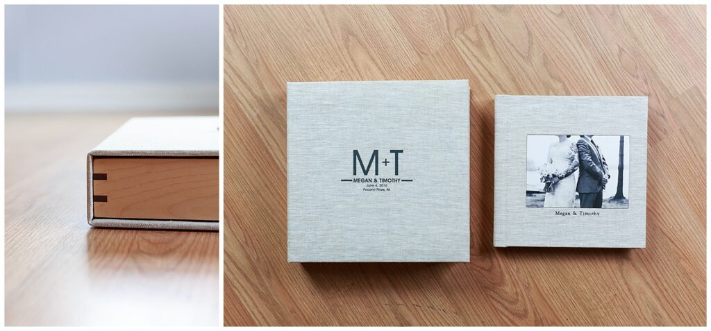 Linen wedding album in a wooden box