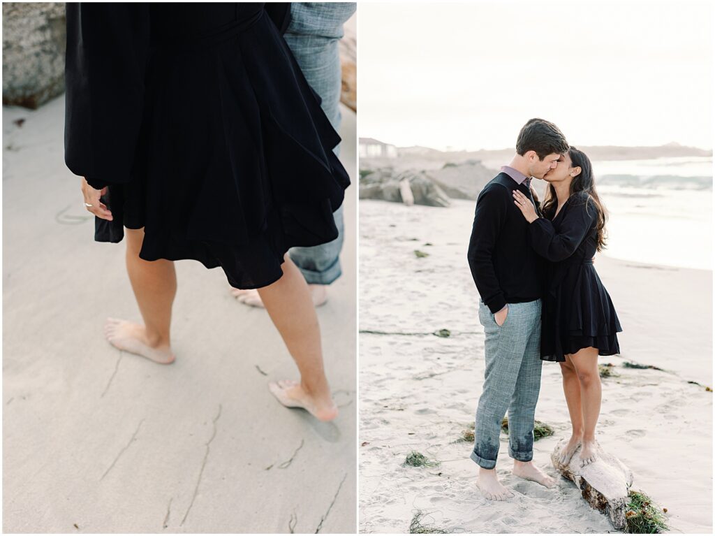 Barefoot adventurous couple walking in the sand and kissing, photos by AGS Photo Art