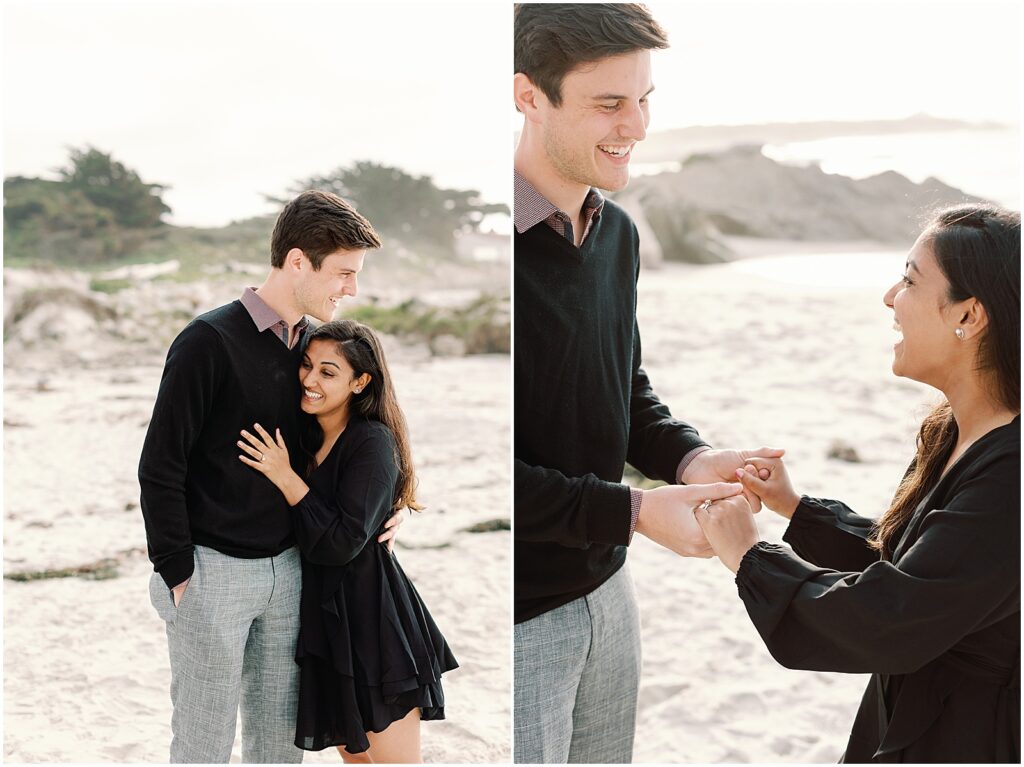 Couple holds hands and laughs during their professional photoshoot by AGS Photo Art in Pebble Beach, California.