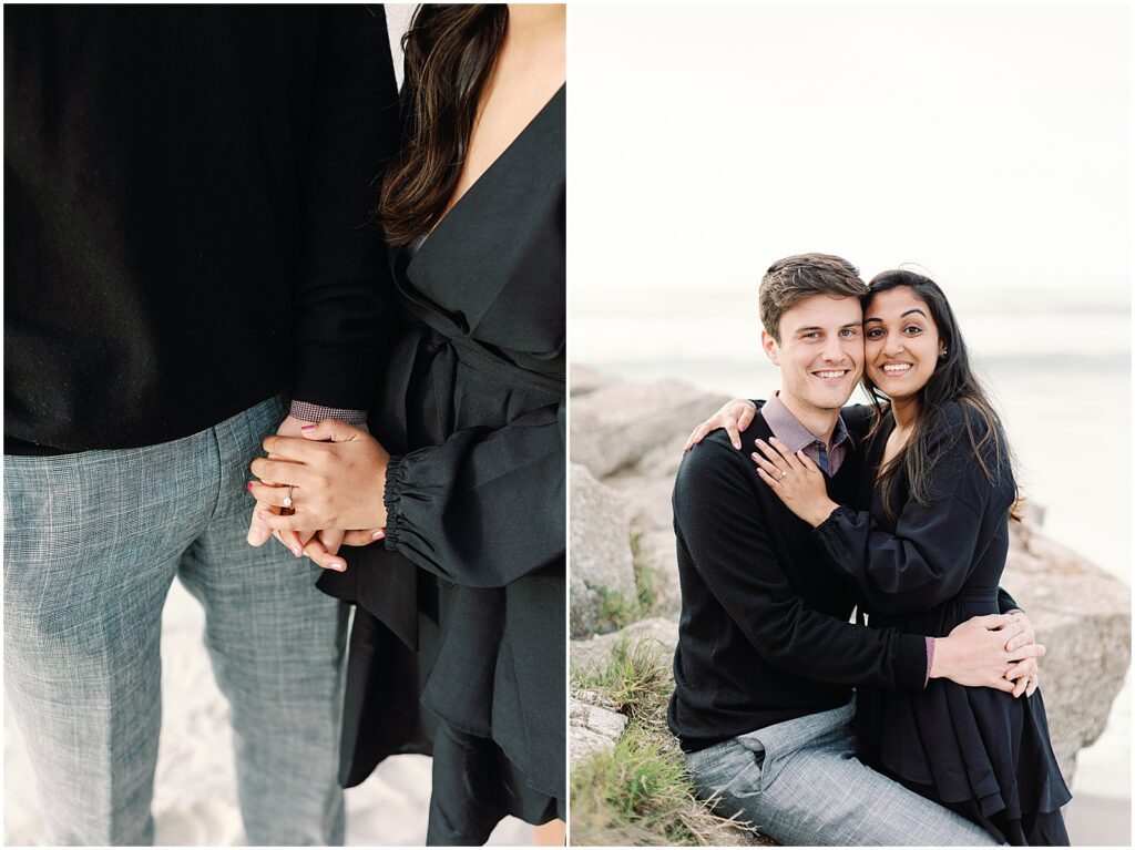 Newly engaged couple smiles in an embrace, by Carmel photographer AGS Photo Art