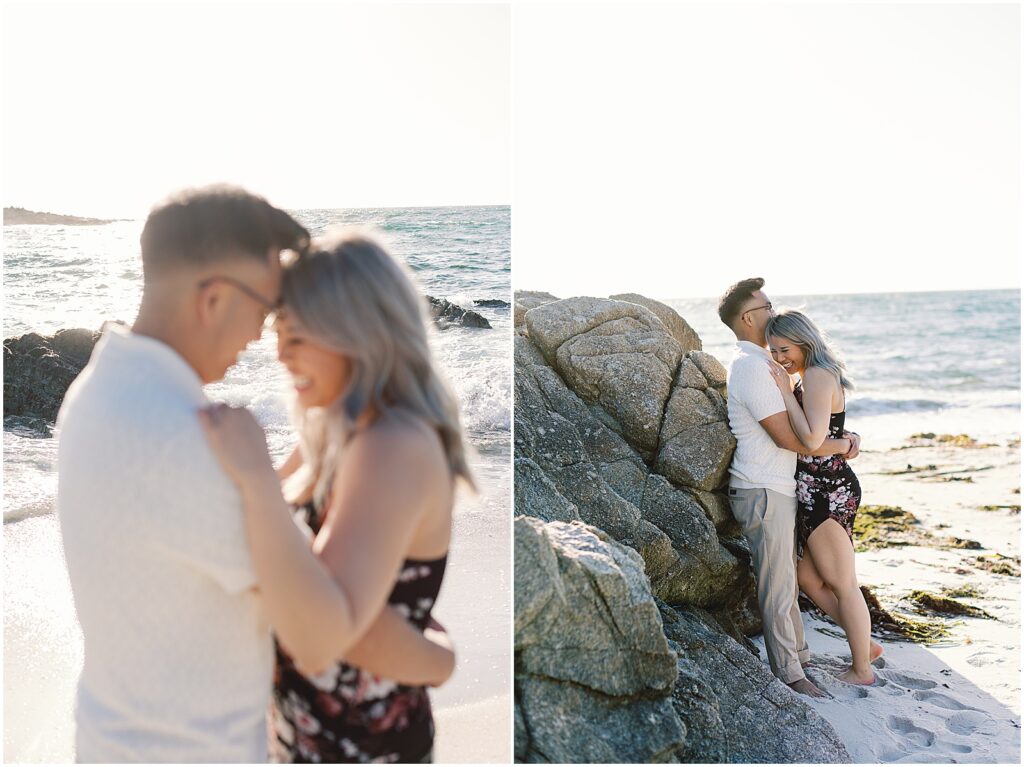 Newly engaged couple holds each other on the shores of Big Sur