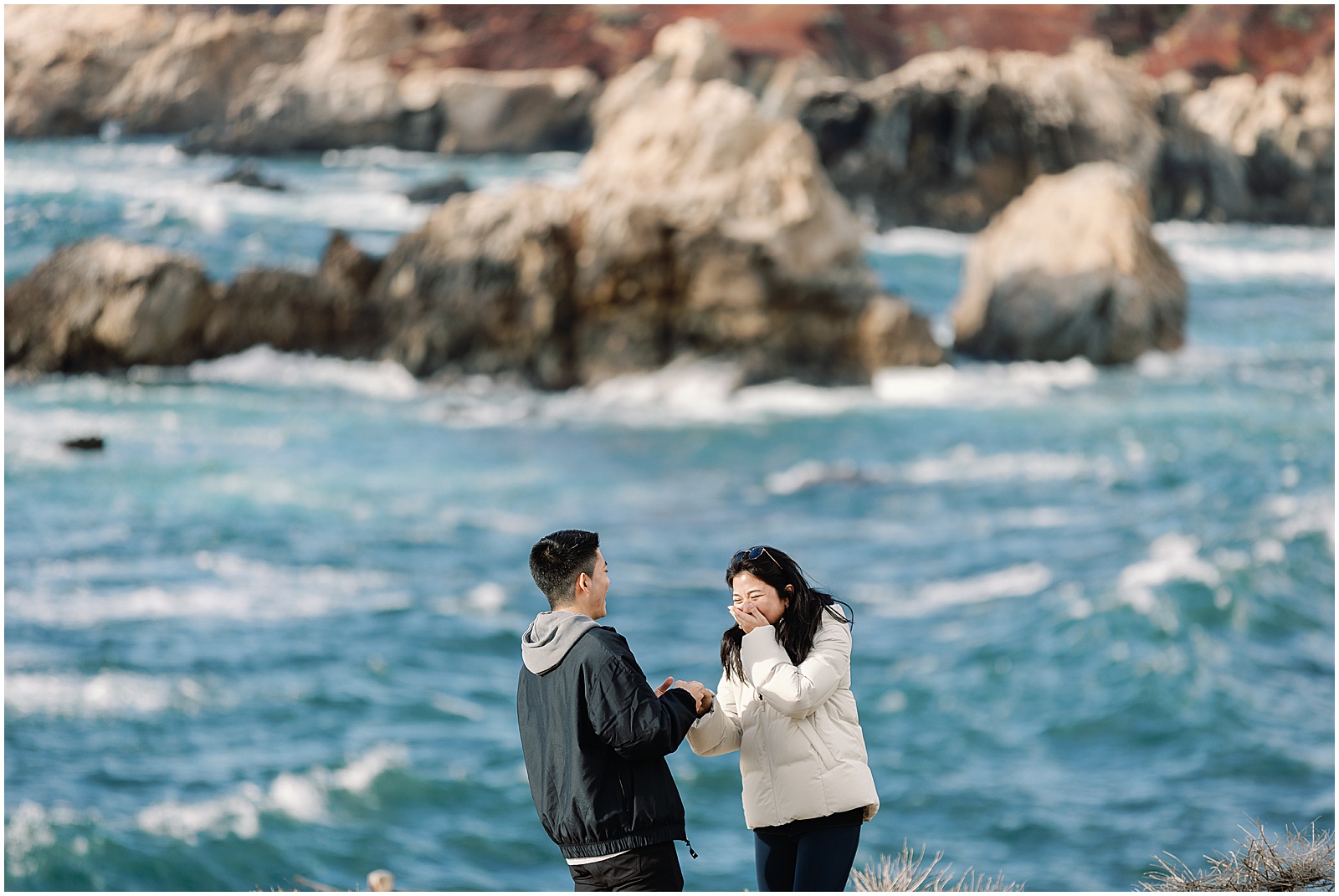 Girlfriend is surprised in Big Sur after her boyfriend asks her to marry him. Photos by AGS Photo Art
