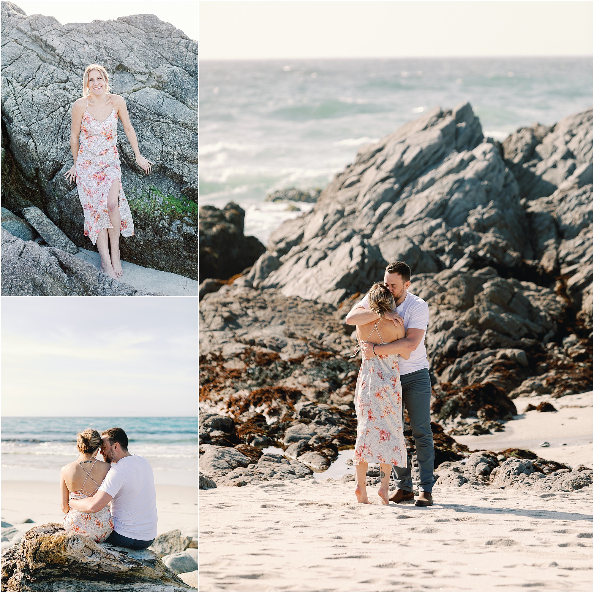 Photo collage of Asilomar Beach proposal portraits, featuring Josh and Tasha hugging by the ocean, sitting on the sand, and sharing a sweet moment by the rocks.