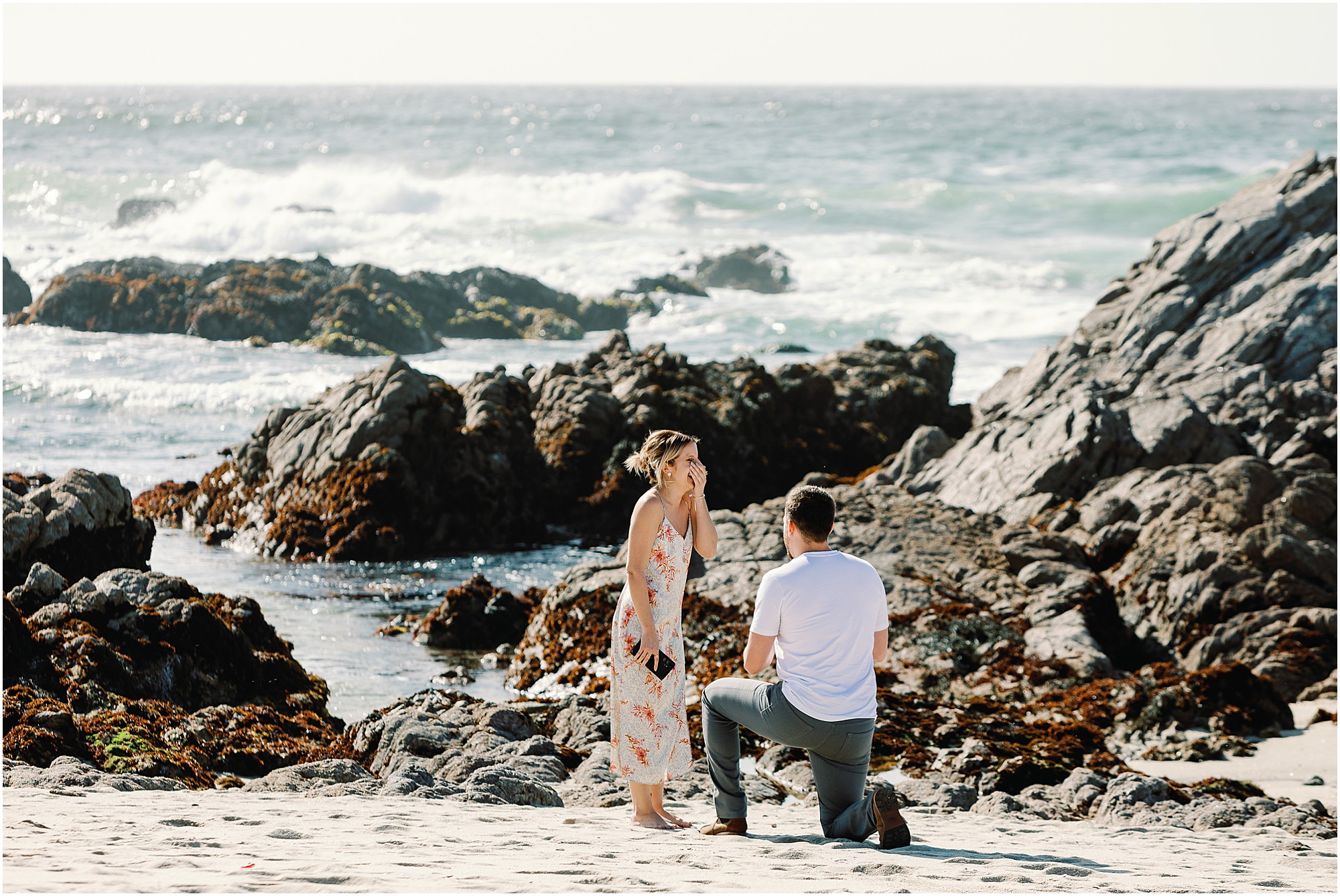 Josh kneels to propose to Tasha on the rocky shoreline, photographed by Asilomar Beach Proposal Photographer in Pacific Grove, California.