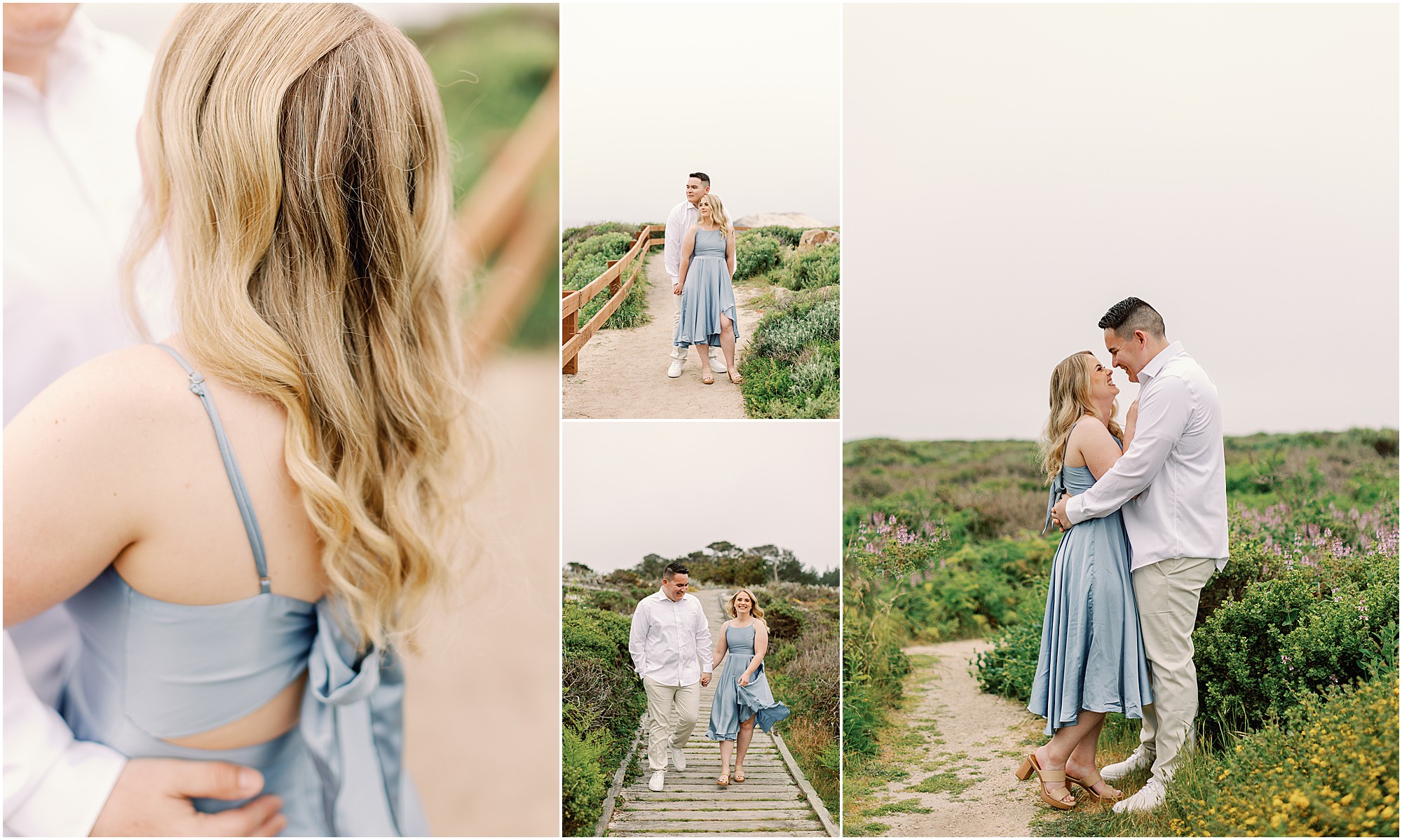 Bride-to-be smiling while groom embraces her at Pebble Beach.