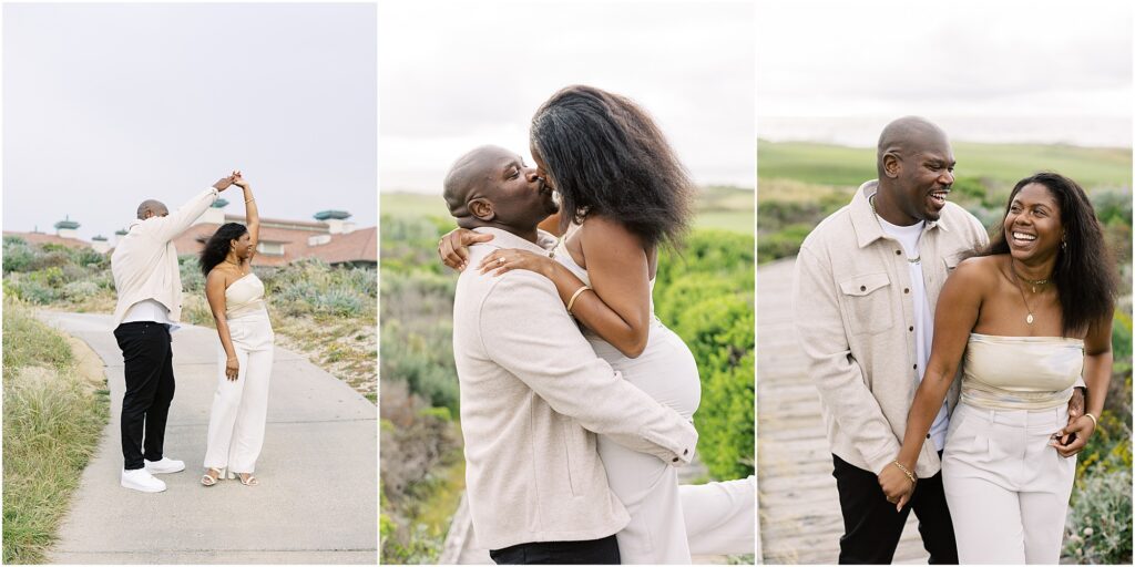 Romantic hug after their proposal at Spanish Bay in Pebble Beach.